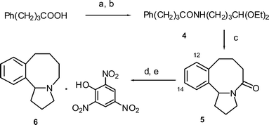 Synthesis of benzazocines 5 and 6. Reagents and conditions: a) (COCl)2, CH2Cl2, DMF, b) H2N(CH2)3CH(OEt)2, EtNMe2 (100%), c) CF3SO3H, CHCl3, heat (70%), d) LiAlH4, THF, heat (88%), e) picric acid.