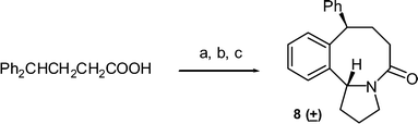 Synthesis of benzazocine 8; Reagents and conditions: a) (COCl)2, CH2Cl2, DMF, b) H2N(CH2)3CH(OEt)2, EtNMe2 (100%), c) CF3SO3H, CHCl3, heat (73%).