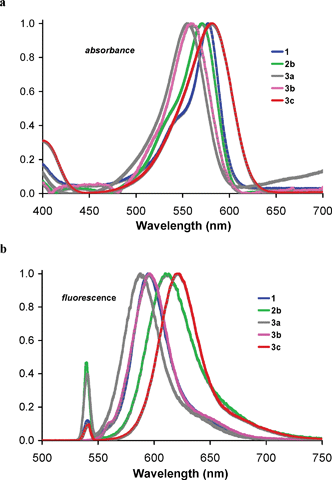 (a) Normalized absorbance spectra of compounds 1–3 (1 × 10−6 M) in EtOAc. (b) Normalized fluorescence spectra of compounds 1–3 (1 × 10−7 M) in EtOAc with excitation at 540 nm.