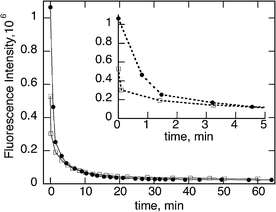 Fluorescence intensity vs. time of green CdSe QD at 5.2 μM (□) and 7.2 μM (●) after the addition of 18 mM of TEA. The inset is an expansion of the first 5 minutes, also illustrating better the importance of concentration on luminescence immediately after amine addition; note that the higher concentration also absorbs more of the excitation light.