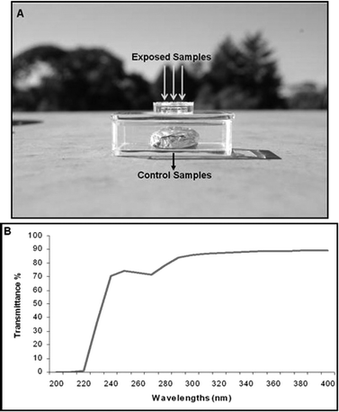 The DNA-dosimeter system. A. The DNA-dosimeter system was developed by employing the Kit Elastomer Sylgard 184™. This system was used for exposures of DNA samples to sunlight, as indicated by arrows. Control samples were covered with an aluminum foil. B. Transmittance spectrum of the Kit Elastomer Sylgard 184™.