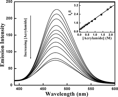 Variation of fluorescence emission spectra of EDMANA-HSA complex with increasing acrylamide concentration in 100 μM HSA; Inset: Stern–Volmer plot of I0/Ivs. [acrylamide] in HSA.