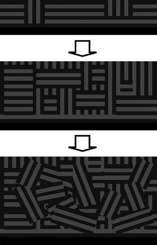 Lamellar structure in DEH-PPV-b-PI thin films with increasing film thickness. Thin films are dominated by parallel lamellar orientation due to selective segregation of the PI block to the interfaces and surface templating of lamellar order. As the film thickness is increased, the vacuum interface becomes coated in perpendicular lamellae and the film takes on a bimodal distribution of parallel and perpendicular lamellae uniformly distributed throughout the film. Only a single parallel PI layer remains due to segregation to the Si interface. As the film thickness is further increased, the orientational order in the film is lost and a polycrystalline bulk structure is approached.