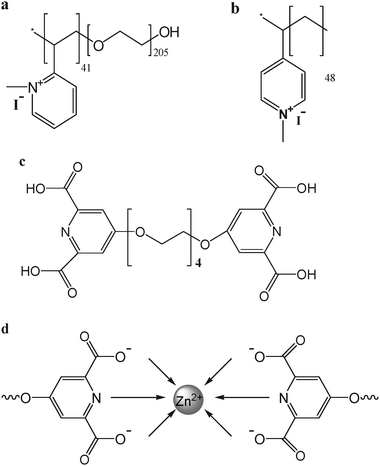 Structure of (a) dp: P2MVP41-b-PEO205; (b) hp: P4MVP48; (c) bisligand L2EO4 and (d) schematic representation of coordination formation between zinc ions and L2EO4 (formation of cp).