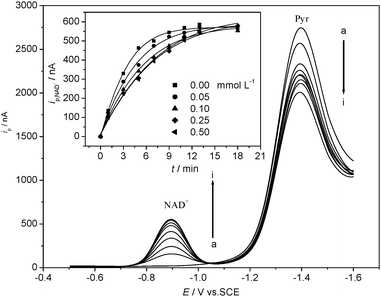 DPV responses of LDH reaction system changed with time in presence of 1× 10−3 mol L−1 nano-Al2O3 (50 nm). a → i: t = 0, 1, 3, 5, 7, 9, 11, 13, 18 min. T = 25 ± 1 °C, 0.10 mol L−1 Tris-HCl buffer solution (pH 7.5) + 0.15 mol L−1 KCl, 8.0 × 10−4 mol L−1 Pyr, 2.0 × 10−4 mol L−1 NADH and 30 μL LDH. Insert: the changes of ip,NAD+ after adding different levels of nano-Al2O3 (50 nm).