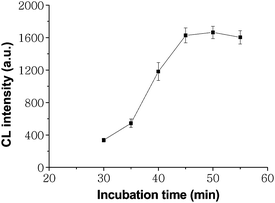 Effects of incubation time on CL intensity for 80ng ml−1 CEA. The number of replicates at any concentration was five. Error bars represent standard deviations.