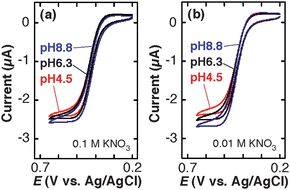 Cyclic voltammograms (scan rate: 0.01 V s−1) of 3.0 mM TMAFc+ solutions containing (a) 0.1 M KNO3 + 0.01 M KH2PO4–K2HPO4 and (b) 0.01 M KNO3 + 0.01 M KH2PO4–K2HPO4 at three different pH on a TEPCM-based RNE (10 nm in pore diameter). The data shown in Figure 4 were obtained using a RNE that gave the data shown in Fig. 2.