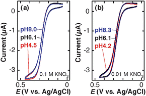Cyclic voltammograms (scan rate: 0.01 V s−1) of 3.0 mM FcDM solutions containing (a) 0.1 M KNO3 + 0.01 M KH2PO4–K2HPO4 and (b) 0.01 M KNO3 + 0.01 M KH2PO4–K2HPO4 at three different pH on a TEPCM-based RNE (10 nm in pore diameter). The data shown in Fig. 5 were obtained using a RNE that gave the data shown in Fig. 3.