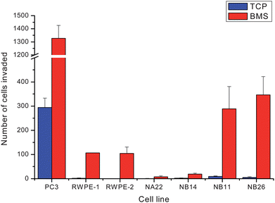 Graph showing the propensity of the different cell lines for invasion towards tissue culture plastic (TCP, blue) and bone marrow stroma (BMS, red).