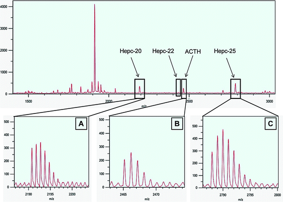Extracted urine profile using MALDI-TOF-MS. MALDI-TOF mass spectra of extracted urine sample over the mass range 1400–3000 m/z. Urinary hepcidin-20 and -25 are shown with monoisotopic masses of 2191 (A) and 2788 (C) m/z respectively. Internal standard (ACTH) has a monoisotopic mass of 2465 m/z (B) and the position of hepcidin-22 with monoisotopic mass of 2435 m/z.