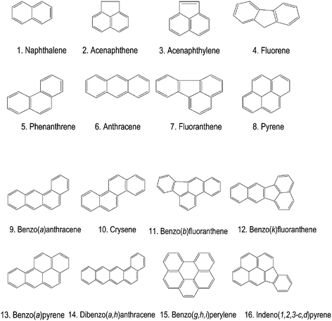 Chemical structure of EPA's 16 priority pollutant polycyclic aromatic hydrocarbons (PAHs).