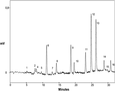 Separation and determination of PAHs (0.5 μg L−1 each) after the chromatographic optimization. Chromatographic conditions as for Fig. 2(b). Peaks as for Fig. 2.