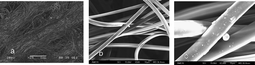 SEM and FESEM Images of Johnson & Johnson Gauze Absorber a. 25× b. 500× c. 2000×.