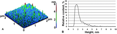 Vacuum AFM (standard probe) images of PdR adsorbed on mica. Experimental conditions were: 0.66 μM PdR in (50 mM Tris + 200 mM KCl) buffer (pH = 7.4, t = 25 °C) were deposited on mica surface for 2 min, rinsed with deionized water and dried in airflow. Tapping mode (A) and density of distribution ρ(h) (B), calculated from Fig. 1 (A).