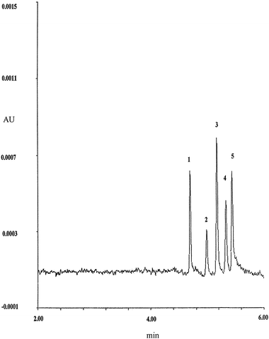 Electropherogram of the standard mixture. Peak identification as in Fig. 2. Experimental conditions: borate buffer 60 mM pH = 9.2; 10 kV (i = 42 μA); T = 25 °C; λ = 210 nm (Spectraphoresis 1000 instrument).