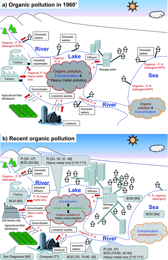 Comparison on the causes of organic pollution in the 1960s and the recent past. (a) 1960s, and (b) recent past. Examples of the application of biosensing methods are given for each category.