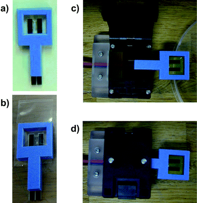 Package-free disposable biosensor chip.78–80,87,139 a) Addition of microbial cells into a chip. b) Packaged chip containing wet microbial cells. c) An open connector and a chip. d) Chip connected to the connector.