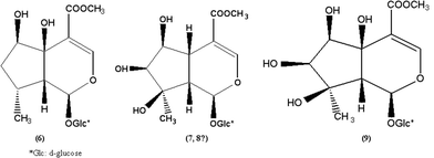 Structures of four iridoid glycosides deduced from L. rotata, Penstemoside (6), Schismoside (7), isomer of Schismoside with uncertain conformation (8), and Phloyoside I (9).