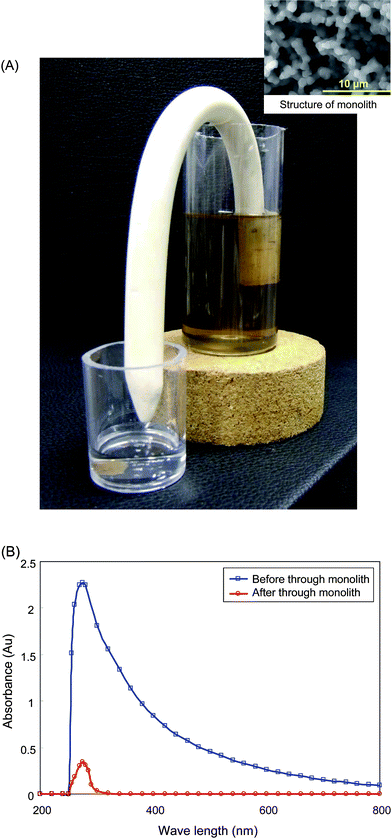 Demonstration of spontaneous water cleanup using “J”-shaped monolith. (A): Water was spontaneously drawn up by capillary action using a siphonic system, (B): UV-VIS absorption spectra. □, water sample containing humic acids before it was passed through the monolith; ○, after it was passed through the monolith.