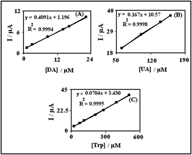 Plots of the peak currents as a function of concentration of: (A) DA with concentrations from 2.0–22.0 μM, (B) UA with concentrations from 60.0–160.0 μM and (C) Trp with concentrations from 20.0–500.0 μM in 0.1 M phosphate buffer solution (pH 7.0) at PBNBH-TNMCPE.