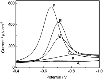 SWV response of NB in 0.10 mol L−1 PBS (pH 5.5). A) 0 mol L−1 CTAB at BiF/CPE; B) 2.0 × 10−5 mol L−1 CTAB at BiF/CPE; C) 0 mol L−1 CTAB at CPE; D) 1.0 × 10−4 mol L−1 NB at CPE; E) 1.0 × 10−4 mol L−1 NB at BiF/CPE; F) 1.0 × 10−4 mol L−1 NB + 2.0 × 10−5 mol L−1 CTAB at BiF/CPE. SWV parameters: increment potential 0.004 V; amplitude 0.025 V; frequency 15 Hz; quiet time 30 s. Bismuth plating conditions: 0.10 mol L−1 acetate buffer (pH 4.5) containing 5.0 mg L−1 Bi(iii) at −1.0 V during 60 s.