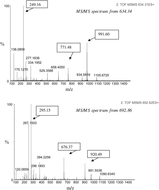 MS/MS spectra obtained from the fragmentation of the two peptide markers.