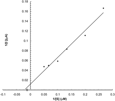 Lineweaver–Burke plot for the effect of L-DOPA conc. on response of polyphenol biosensor based on PVC bound enzyme.