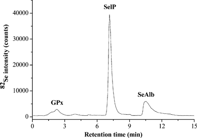 Typical chromatogram obtained by analysis of un-diluted human serum by AF-HPLC coupled to ICP-qMS (82Se monitored) following AE-SPE clean up. A flow rate of 1.0 mL min−1 and 100 μL injection loop were used throughout the AF-HPLC separations; the chromatographic details can be found elsewhere.5