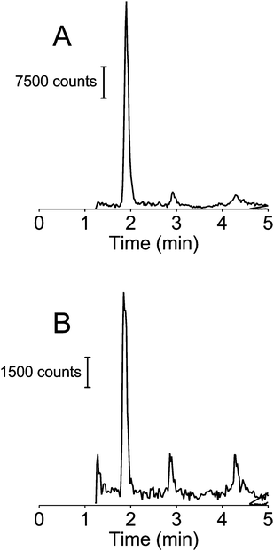 LC-MS/MS chromatograms of extracted whole blood from a suspected PCP user (A) and extracted serum spiked with 1 ng ml−1 PCP (B).