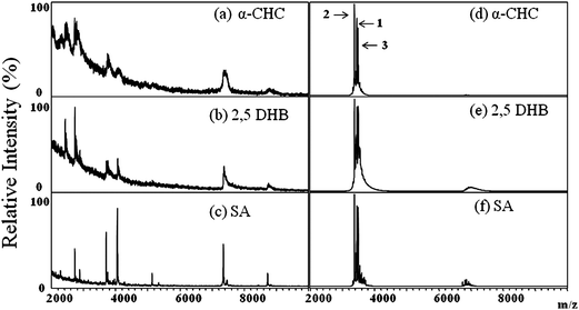Positive-ion MALDI mass spectra of tear samples collected from a normal control, recorded using (a) α-CHC, (b) 2,5-DHB, and (c) SA as MALDI matrices. Positive-ion MALDI mass spectra recorded from α-defensin 1–3 standards (HNPs 1–3) using (d) α-CHC, (e) 2,5-DHB, and (f) SA as matrices (Vanalyte/Vmatrix = 1 : 10). Figure 1 (d) showed the numbers “1”, “2”, and “3” represent HNP1, HNP 2, and HNP 3, respectively. No signals of HNPs were found in tears from healthy donors.