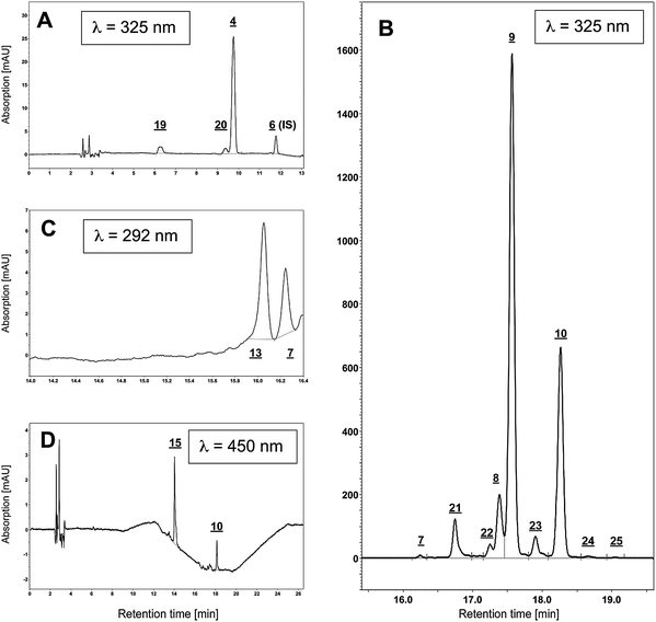 Chromatograms of guinea pig liver sample. A: Chromatogram of liver at λ = 325 nm, within the retention time range of 0–13 min: 4- all-trans retinol, 6- all-trans retinyl acetate (internal standard, IS). In addition, a cis-retinol isomer (20) and a peak for the added antioxidant BHT (19) could be detected. B: Chromatogram of liver at λ = 325 nm, within the retention time range of 15.5–19.5 min: Apart from the retinyl ester identified by comparison with external standards (7- all-trans retinyl laurate, 8- all-trans retinyl oleate, 9- all-trans retinyl palmitate, 10- all-trans retinyl stearate), additional retinyl esters were found in guinea pigliver samples, of which three could be identified as retinyl esters by their characteristic UV-spectra and subsequent comparison with published chromatograms11 (21- retinyl linoleate, 22- retinyl pentadecanoate, 23- retinyl heptadecanoate, 24- unknown retinyl ester 1, 25-unknown retinyl ester 2). C: Chromatogram of liver at λ = 292 nm, within the retention time range of 14–16.4 min.; amongst the tocopherols, only α-tocopherol (13) could be detected. D: Chromatogram of liver at λ = 450 nm: 15- all-trans lutein. Chromatographic conditions as described in the experimental section.