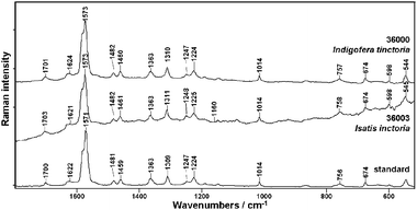 FT-Raman spectra of indigo standard and natural indigo dyes from Indigofera tinctoria (36000) and Isatis inctoria (36003).
