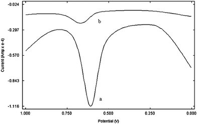 Square wave voltammogram of PAM chloride at (a) poly(p-TSA) modified GCE and (b) bare GCE at a scan rate of 0.06 V s−1.