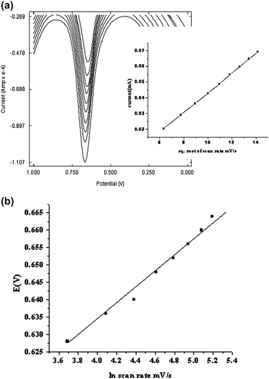 (a) Overlay of SWVs of PAM chloride at poly(p-TSA)/GCE in 0.1M phosphate buffer (pH 7) containing 1 × 10−3M PAM chloride at different scan rates a) 40 b) 60 c) 80 d) 100 e) 120 f) 140 g) 160 h) 180 i) 200 mVs−1. Inset anodic peak current vs. square root of scan rate. (b) Plot of peak potential against ln(scan rate).