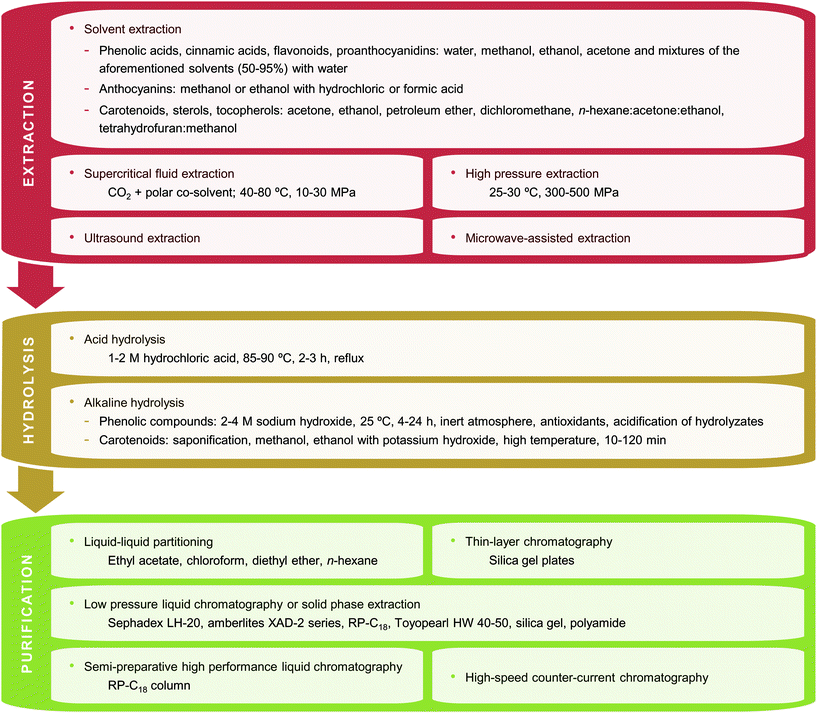 Techniques (extraction, hydrolysis and/or purification) used to prepare tropical and subtropical fruit biowastes for phytochemical analysis.