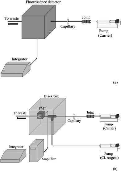 Schematic diagrams of the present TRDC systems with (a) fluorescence detection and (b) chemiluminescence detection.