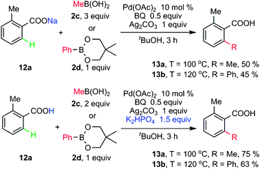 Yu's protocol of C–H methylation and phenylation using boronic acids or esters.