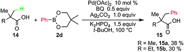 β-Arylation of aliphatic acids using PhB(OR)2.