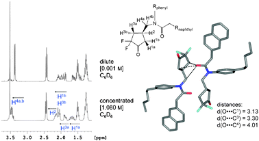 Left: Aliphatic region of the 1H NMR spectrum (400 MHz, 300 K) of (±)-1 in dilute and concentrated C6D6 solution. The spectra were referenced to the solvent signal. Right: The type A dimeric motif, based on two (R2N)CO⋯C(CF2)O interactions, from the X-ray crystal structure is analysed towards possible intermolecular influences of the amide carbonyl group on 1H NMR chemical shifts.