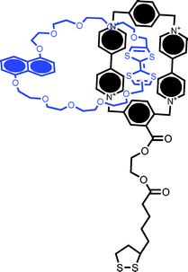 Structural formula of the catenane used to functionalize metal nanoparticles containing a CBPQT4+ group and TTF and DNP subunits in the macrocycle. Chemically triggered switching of the NP-immobilized catenane has been followed by voltammetric and ζ potential measurements.54