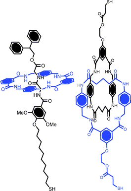 The Gly–Gly rotaxane and dithiolated benzylic amide [2]catenane (composed of two interlocked thiolated macrocycles) used in the XPS and HREELS studies performed by Leigh et al.38 It was proposed in this work that the combined effects of molecular steric bulk and a preferential horizontal surface orientation serve to reduce order in chemisorbed films.