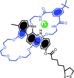 The pseudorotaxane used by Beer and Davis et al. in studying anion recognition and template interlocking on gold surfaces.46 A surface confined non-stoppered indolocarbazole axle and isophthalamide macrocycle are found to reversibly thread in the presence of fluoride or sulfate.