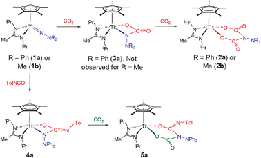 Cycloaddition and cycloaddition–insertion reactions of Cp*Ti{MeC(NiPr)2}(NNR2) with heterocumulenes. All reactions are at room temperature in toluene or C6H6 with 1 atm CO2 (where relevant).
