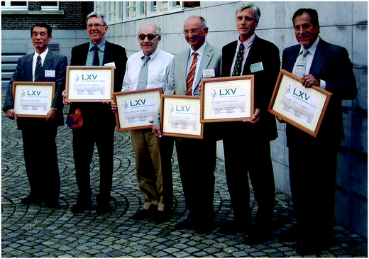 The LXV recipients, (from left to right) Professors Shinkai, Sauvage, Rebek, Tasker, Nolte and De Mendoza.