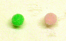 A liquid marble of CoCl2 shelled with Teflon powder changed colour after being exposed to the vapour of water-based flexographic ink (left). A fresh CoCl2 liquid marble (right) was placed in the same Petri dish for comparison.