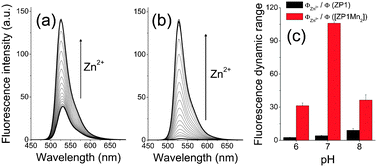 Zinc-induced (0 to 3 equiv.) fluorescence enhancement of (a) ZP1 and (b) [ZP1Mn2] at pH 7.0 (10 μM). (c) Fluorescence dynamic range (ΦZn/Φfree) of ZP1 (black) and [ZP1Mn2] (red) at pH 6.0 (50 mM MES, 100 mM KCl), 7.0 (50 mM PIPES, 100 mM KCl) and 8.0 (25 mM HEPES, 100 mM KCl).