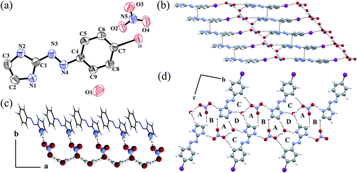 (a) ORTEP plot (50% probability ellipsoids) of 2; (b) staircase packing of alternating hydrophobic and hydrophilic layers along the a axis; (c) water–nitrate–water 1D chain along the a axis and (d) repeat of the hydrogen bonded ring ABA triad along the b axis and CDC triad along the c axis.