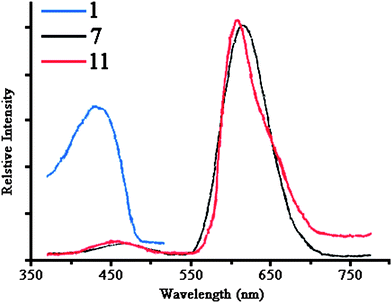 Emission spectra of complexes 1 (spectra of complexes 21, 22 and 27 are similar), 7 and 11 (the excitation wavelength was 346 nm).