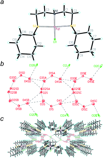 (a) A perspective view of the cationic structure of 5 ignoring the water solvate (thermal ellipsoids at 30% level). (Pd: purple; S: yellow; N: dark blue; Cl: green; O: red; H: sky blue) Selected bond distances [Å] and angles [°]: Pd1–S1 2.317(1); Pd1–S2 2.315(1); Pd1–N1 2.040(4); Pd1–Cl1 2.299(1); N1–Pd1–Cl1 172.5(1); N1–Pd1–S1 86.4(1); Cl1–Pd1–S1 93.82(4); N1–Pd1–S2 86.6(1); Cl1–Pd1–S2 93.26(4); S1–Pd1–S2 172.93(4). Pd1 deviated 0.0645 Å from the least-squares plane of the donor ligands (S1, S2, N1, Cl1). (b) H-bonding network among the disordered water and chloride at 100 K. (c) H-bonded layers network of cation, anion and lattice hydrate.