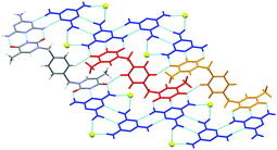 A hydrogen-bonded sheet in the crystal structure of 12:M with the complementary triple hydrogen bonds adopted between tecton 12 (red or orange) and melamine (blue). Oxygen atoms of DMSO molecules are shown as yellow spheres with the rest of the DMSO molecule omitted for clarity.57